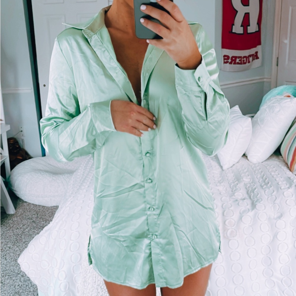 Green satin button dress